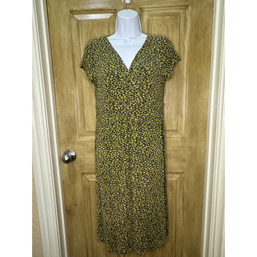 Boden Dress Womens 12 Long Green Leopard Stretch Jersey Midi Cap Sleeve A Line